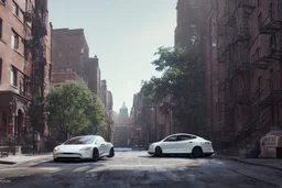 A Tesla 'Model S' is parked, in Greenwich Village, in Manhattan. CINEMATIC. WIDE ANGLE LENS. PHOTO REAL.