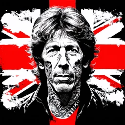 Double exposure high quality ((Replica of the "Tattoo You" Rolling Stones album cover art)) (Black ink Illustration head and shoulders b/w portrait of a 35 year-old Mick_Jagger with slick styled-back hair, three quarters angle, detailed precise maori tattoo all over his face), ((union jack matte background sky)) precise rendering, architectural drafting Modifiers: naive art whimsical