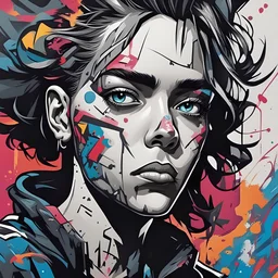 Create a visually striking 2D portrait inspired by comic book, graffiti, and animation styles. incorporating surreal elements to capture an edgy, streetwise vibe. Ensure that the character is facing towards the right side of the canvas