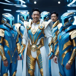 (masterpiece, best quality, 8k, RAW photo, beautiful and aesthetic:1.2), complex detail, Indirect light, photorealistic, (((full body))), Meeting of a group of caudcasian and asian cosmic male gods smiling, Mixed, sci-fi and cyborg outfit Tron like with golden futuristic artifacts, white, blue and silver elements- Inside a great room of a flying saucer with a round hublot showing a galactic sunset