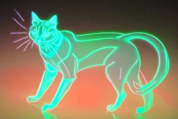 black background, outlines of a full-figure holographic cat, drawn from thin neon-coloured glowing lines