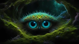 Mesmerizing, full-body illustration of a delicate, translucent, nocturnal, large, detailed eyes having illuminated slit pupils, its body adorned with colorful bioluminescent spores and lichens in a fungal fractal pattern, in a dark, wet cave, dimly lit by the glow of luminescent moss and fungi, bringing to life the splendor of this amazing species in its pristine, extraterrestrial habitat, misty, raining, wet, glossy, ultra-detailed, intricated details, cinematic alien background, fungal art