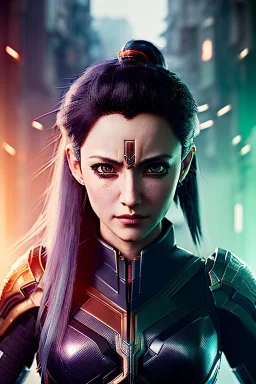 Middle age female anime warrior, orange eyes, gray hair with dark blue hair, ponytail hairstyle, waist up portrait,4k resolution, intricate details, ornate details, soft lighting, vibrant colors, retroanime, masterpiece, intricate eyeliner, dark eyeshadow, futuristic cityscape background