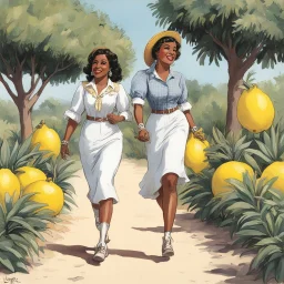 [illustration for the cover of Las Chicas T-Girl 22] In this rare Freedonian edition of Las Chicas T-Girl, Lupe and Summer Breesley stroll to a nearby lemon grove for "a friendly game of catch."