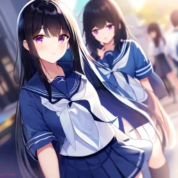 Clear focus, High resolution, Long fluffy black hair, Purple eyes, Wearing a sailor uniform, must be wearing a short skirt