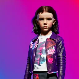 Millie bobby brown toddler, full body, leather jacket, floral shirt, floral skirt, Nike sneaker, soft skin, city background, dramatic lighting, hyper realistic