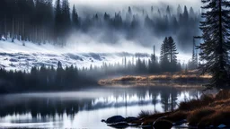 fir forrest,lake side,mist shadows,winter season,a super close shot of an elk,reflections,dramatic scene