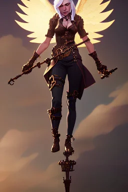 clouds, blonde steampunk angel holding staff, majestic