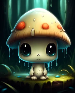 A melancholic creepy kawaii mushroom with a tiny, frowning mouth and big droopy eyes, sitting on a mossy log in a quiet and peaceful forest, lost in its own thoughtsto add personality