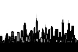 black minimalistic skyline of New York against a white backdrop. The skyline is flat and totally black