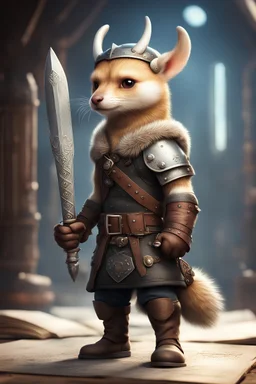 book illustration, portrait of cute fast historic strong viking weasel with viking gloves, helmet & boots holding ornate viking sword in fallout 4 setting, bokeh, downlight, prize winning, depth of field, in the style of ivo caprino