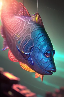 Rainbow Fish, beautiful, cyberpunk, realistic, intricate detail, sci-fi, volumetric lighting