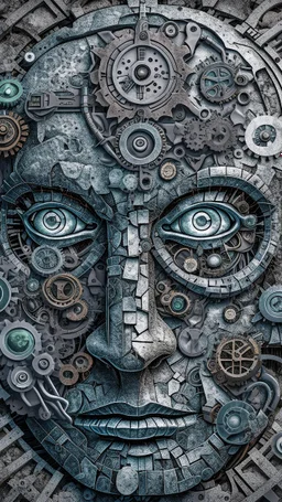 Bosch style painting , A balled face in details . The texture of the face is a collage of many 3D gray metallic clock gears and screws covering the whole face and the eyes are covered by caves figures
