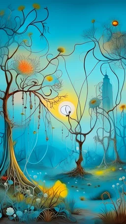 A garden of wired out of this world flowers and trees with light blue sky in Dali painting style surreal