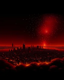 An orangish red metropolis with fireworks painted by Frank Wilson