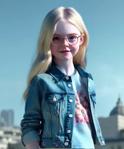 Elle fanning toddler, full body, city background, denim jacket, floral shirt, dramatic lighting