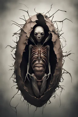 a haunting image of an insect human hybrid emerging from a cracked cocoon