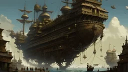 huge sea ship flying in the sky, medieval style sea ship, people watching from the ground, beautiful, in the style of Ian Mcque