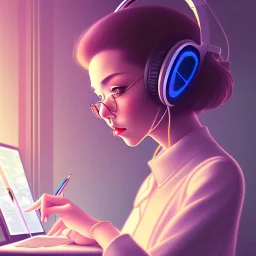 a side view of a beautiful girl sitting on her desktop writing something, headphones on, hand on her chin, nightlamp, digital art, anime, studio ghibli style, window and city background, portrait