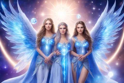 cosmic women couple of beautiful women with long hair, light eyes and blue brightness tunic, with a little sweety smile, with big crystal wings, and a sweety stron cosmic warrior in peace. in a background of stars and bright beam in the sky