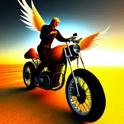Old motorcycle with wings flying in sundown