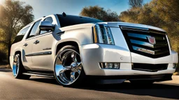 A sleek white shiny (((Customized gangsters lowrider cadillac escalade))), its contours and details perfectly captured in a (((cinematic view))), zipping along a winding road under a beautiful blue fresh morning sky