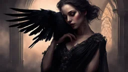 a woman in a black dress with a raven on her shoulder, cgsociety contest winner, gothic art, black angel wings, dark and muted colors, beautiful details, premium prints available, draped in velvet and flowers, embracing, edited, immaculate detail, stunning details, mourning, dark fantasy, dark colors, Luis Royo & Raymond Swanland & Alyssa Monks & Anna Razumovskaya