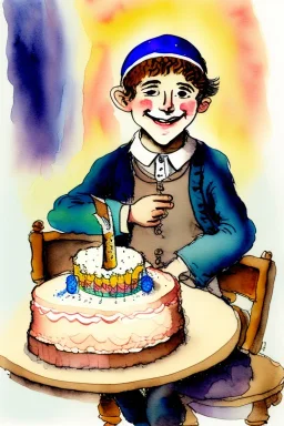 A cute smiling jewish boy wearing a kippah is sitting at a table, together with a lion and a birthday cake. Watercolour