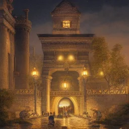 A luminous and magical drawbridge made of light, people standing in front of it and passing through the portal to enter another world, Peter Merbacher, Thomas Kincaid and Raphael Lacoste, masterpiece, illustration, many details, small details, intricate, popular at the station Art, painting with details and full HD components, 4K, 8K, 16K