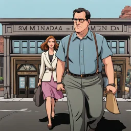 Cartoon of serious man walking miranda in front 4k