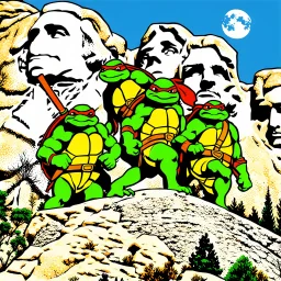 The faces of the Teenage Mutant Ninja Turtles on Mount Rushmore.