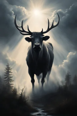 in dense foggy, a front view a dark shape powerful bull standing in the middle of a clouds in backlight, looking majestic landskape, by Jesper Knudsen, king of the sky, god of the sky, bull portrait, by Aleksander Kobzdej, beautiful painting of a tall, stag wearing a crown, reindeer made out of shadows, wildlife. atmospheric
