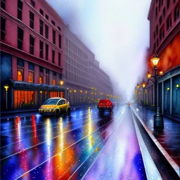 watercolor painting of a rainy street in Center City Philadelphia.