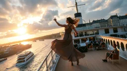 UK oxford street over times river, on wide deck of a big moving ship beautiful lady dancing ,ochestra players sitting around and playing music ,ships in river, cloudy sky,sunset,golden sky