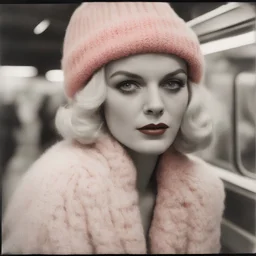 Jean harlow, in the metro in the style of a polaroid,, white, pink,orange, red, with a knitted hat