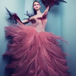 dress made out of feathers, sequins and tulle, stunning colors, chiaroscuro, fashion photography, vogue, dramatic, beautiful lighting, delicate composition, aesthetic, ballerina, ballgown