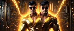 Hyper Realistic handsome muscular Electric-Superhero with short-black-hair wearing long-fancy-golden-tuxedo-with-yellow-circuit-patterns & fancy-sunglasses in a dark-rustic-circuit-room with electric-sparks-&-rays & a massive circuit-board-wall with-glowing-embers showing dramatic & cinematic ambiance.