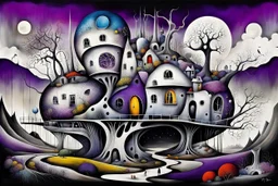 whimsical, weird ball-like houses in weird whimsical landscape, futur-surreal vibe with abstractions, around surreal cracked painted weird land with dark purple, gray, black, white, brown, and deep colors. style of Chagall , of Minjae Lee and Tim Burton, absurd beauty picture. weird bizarre absurd, nightmare, big neuron network background and thin bridges, surreal cinematic vibe