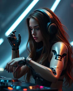 Realistic Photography Beautiful woman super model brown long hair science fiction style humanoid half with full body cyborg robotic mechanicals and cybernetics lights wearing headphones,she on playing Dj Player pose