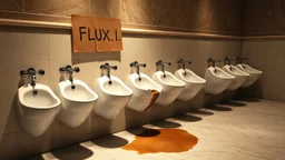 row of fine white porcelain urinals lined up on a wall in a nice restaurant men's room with marble floors and walls but one of the urinals is brown with a giant crack and is leaking brackish water on floor, above the broken urinal is a cardboard sign with written text "FLUX1.1", puddle of dirty water on floor, concept art, hyperreal