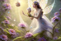 one very little beautiful fairy on a big crystal subtle flower in a galactic ambiance, transparent petals, delicate colors, in the foreground, full of details, smooth, bright sunshine，soft light atmosphere, light effect，vaporwave colorful, concept art, smooth, extremely sharp detail, finely tuned detail, ultra high definition, 8 k, unreal engine 5, ultra sharp focus