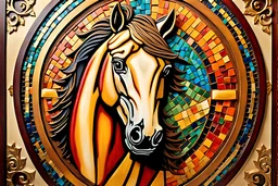 A stunning, mosaic-inspired Handy Craft Wall Decor, expertly crafted with golden metal frames. At the center, a majestic horse is intricately rendered in wood and painted with psychedelic hues, creating a captivating contrast against the classic deep illusion board. The wooden creative relief technique employed by the artist brings out the horse's muscular form and flowing mane in striking detail, while the use of multiple perspectives and vibrant colors lends a surreal, almost hallucinatory qua