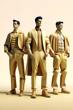 three men in different Balenciaga Superman's clothing, beige tones, fashion plates, deconstructed tailoring, rendered in cinema4d –q 2 –ar 3:5