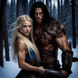 muscular male mountain man with long dark hair with a petit female long blonde hair and blue eyes, dark fantasy, snowy forest