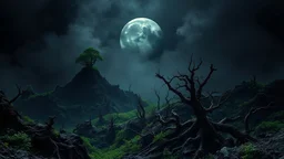 Ashlands covered in thick black smoke. Tiny over fertile and verdant moon. Tangle of fractal mineral structures, like psychedelic dead trees.