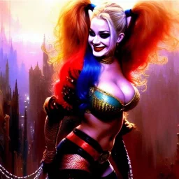 Drawing of beautiful face,'beautiful booty ,Busty Harley Quinn',intense stare, ancient skintight armor, balanciaga fashion clothe painting by gaston bussiere, greg rutkowski, yoji shinkawa, yoshitaka amano, tsutomu nihei, donato giancola, tim hildebrandt, Oil on canvas, cinematic composition, extreme detail,fit full head inside picture,16k