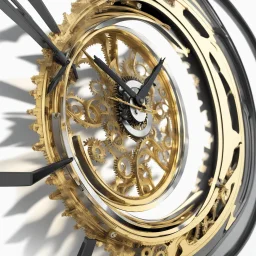 Create a 3d fractal base wall clock with see throgh golden gears rotating , showcasing a harmonious and synchronized movement. that show fast time passing in a beautiful abstact environment