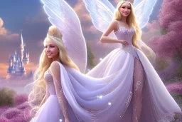 castle in background, beautiful, soft, big smiling, straight and long blonde hair, blues eyes, dewy and shiny atmosphere, diamond crown, long fairy wings in the back, full head, pink veil clothes