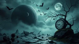 surreal dreamlike scene, nightmare on eart and in sky, midnight in the garden of death, some small black prickly balls on the earth and on sky, mystic gloomy, surreal dark shadows and pale light, stones, cracked eart, dark winter-like vibe, dark weird shapes floatings ,come strom , dark green moss, weird giant black musroom, bats on sky, branch on eart, ruins, rock, deep dark colors, dark twisting tendrils around big clock ,Clock with 12 o' clock, moon with black darkness, fog, detailed,