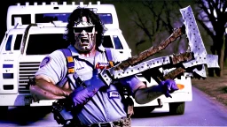 fedex driver holding chainsaw in texas chainsaw massacre style